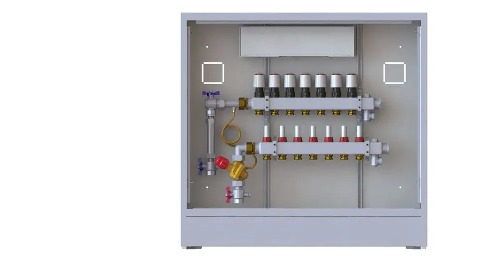 Verteilerstation von Danfoss mit mehreren Ventilen und Rohrleitungen, montiert in einem grauen Gehäuse, zur Regulierung von Heizkreisen.